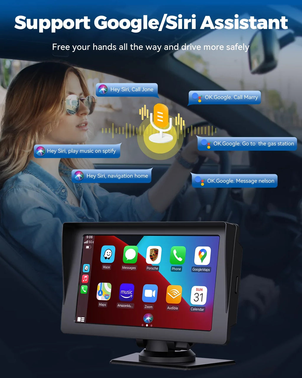 Auto,Bluetooth,FM, Touchscreen Car Camera,HD GPS Video,Car Navigation Reverse Stereo Wireless Portable Car LAMTTO Inch Audio Carplay,1080P with Receivers Siri with 7 Portable Airplay,Android