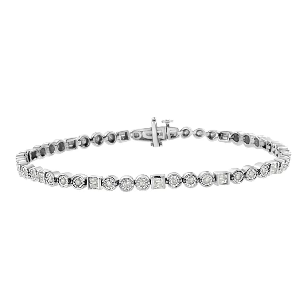 Set - Cttw I3 Color, 1.0 Alternating Round Diamond Miracle 7.25" and Set Link Silver Channel Baguette Clarity) Sterling (I-J wristband .925