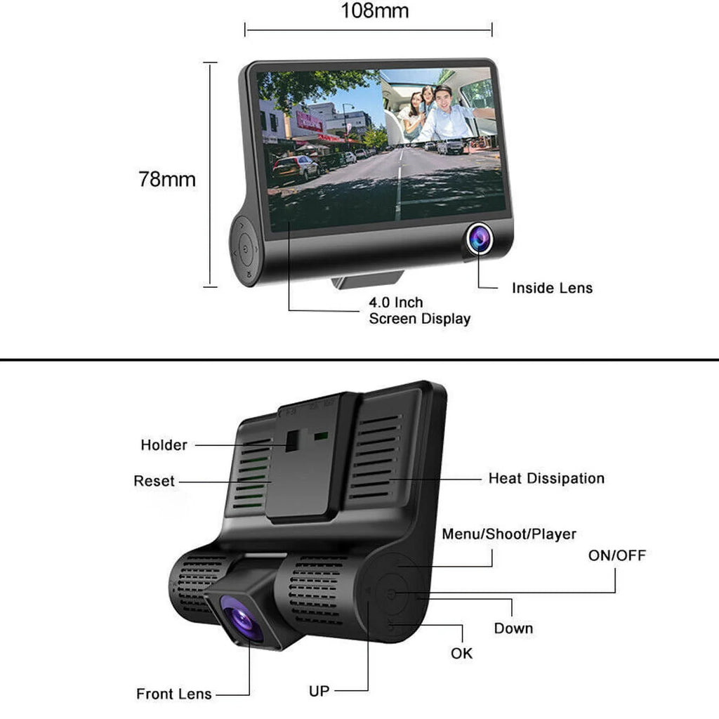 DVR Monitoring HD Car Motion Cam Xhy Video Camera and Driving Recorder G-Sensor, 4" Dual Front/Rear/Built-In 1080P Detection Parking Dash Lens