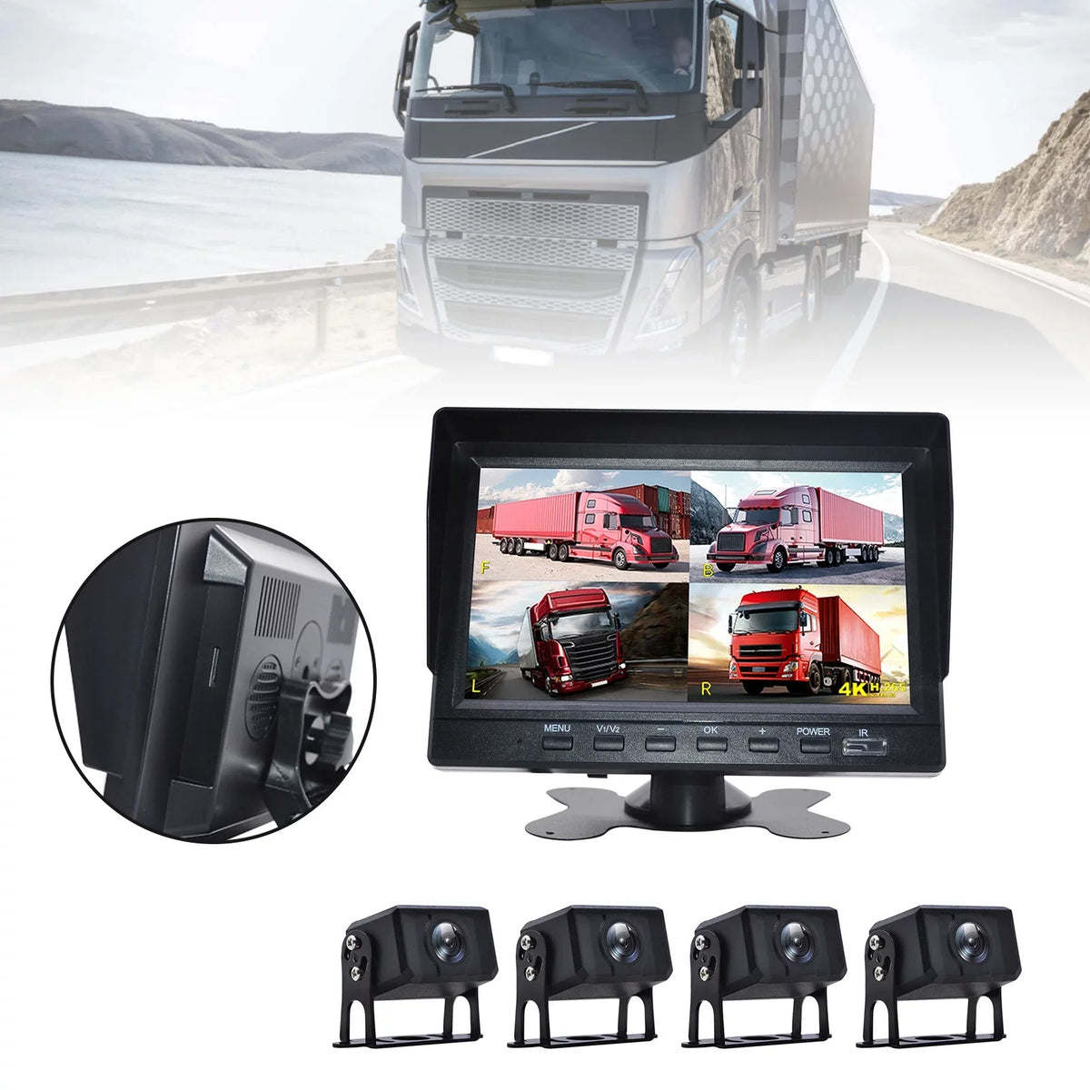 for DVR Monitor Video Camera Bus+4 Backup Driving Rear Truck 7" View RV Recorder B