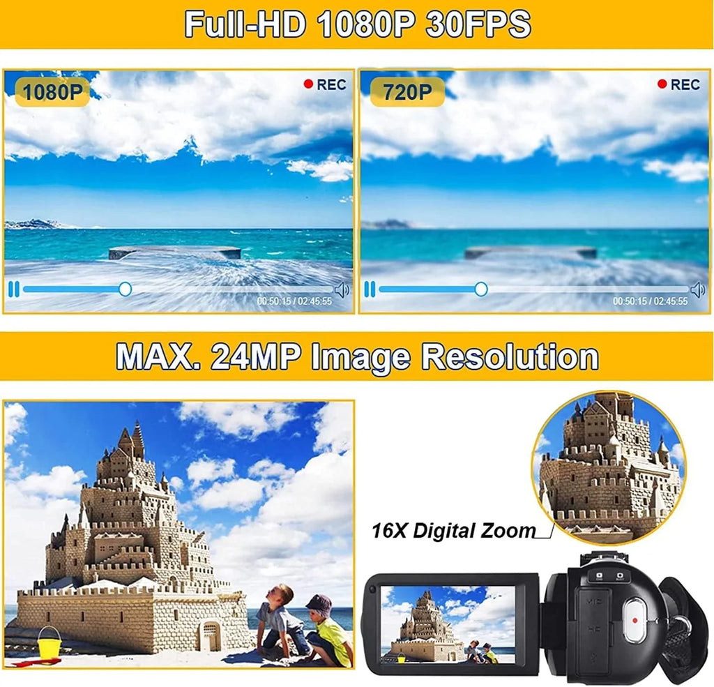 Night Recorder Camcorders 24.0 Control Zoom Screen Camcorder Inch Full Vision Camera 1080P with Remote 30FPS 3.0 IR 2 Camera 16X MP IPS Camera Video Batteries Vlogging HD