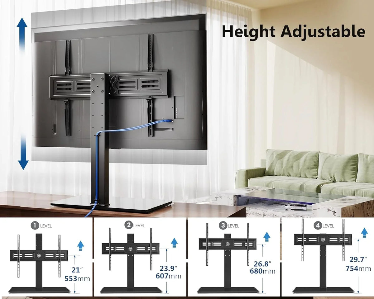 TV 143 TV Mount Screen Height Holds Adjustable Flat Tempered Swivel 85 for Swivel Universal up TV Glass HBBOOMLIFE 50 Stand to Tabletop with Stand/Base to 100 Level lb Degree Base inch 4
