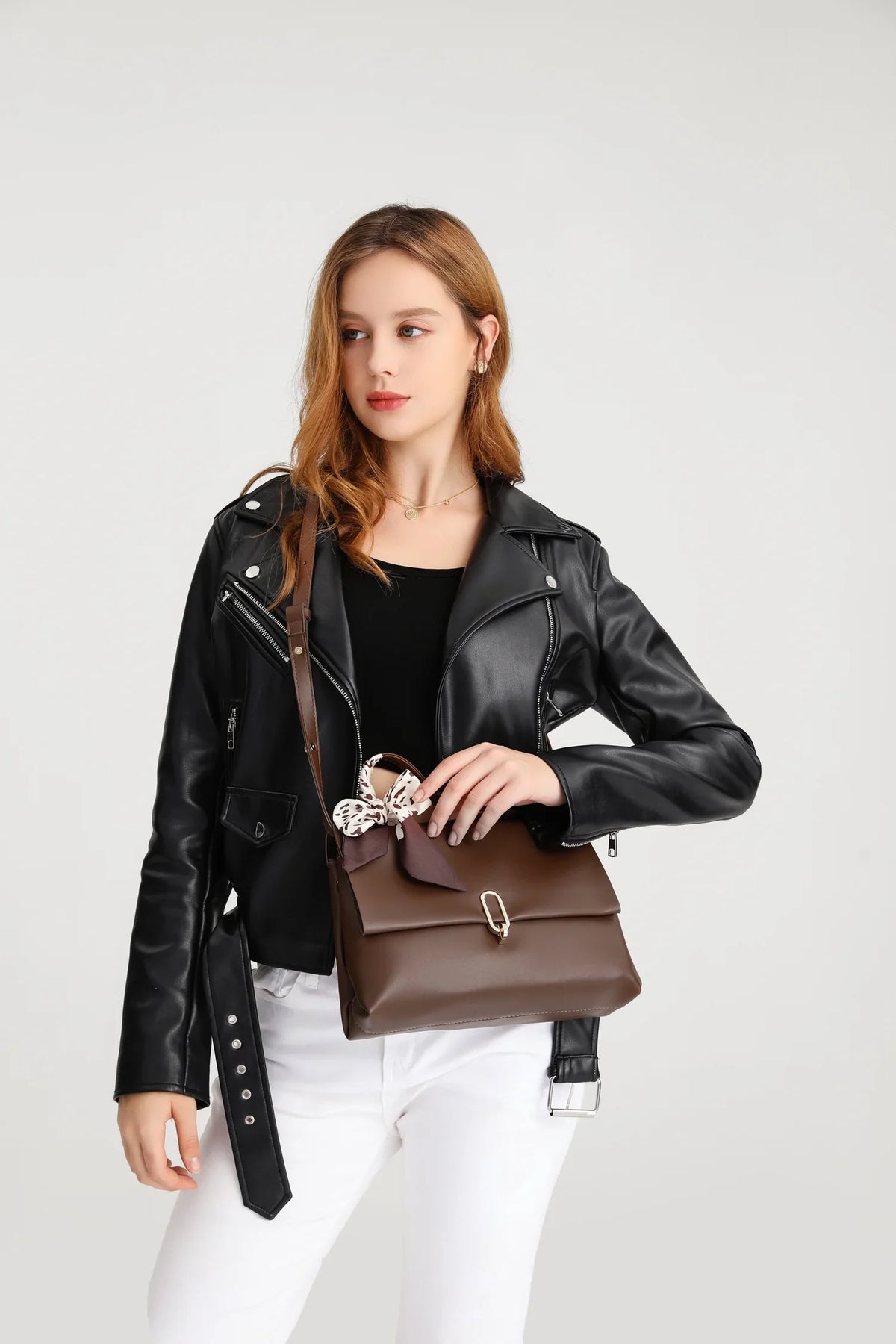 bag Scarf Brown Leather women handbags crossbody hand Flap Women's bags square PU Silk Shoulder Handle Bag bags ladies
