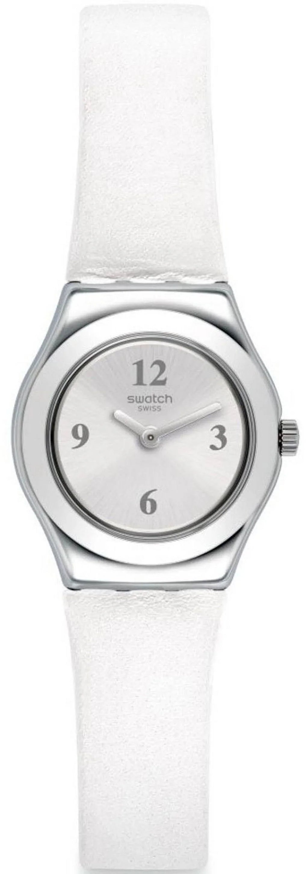 White Leather Watch Silver Women's YSS296 Swatch Strap Tone Dial
