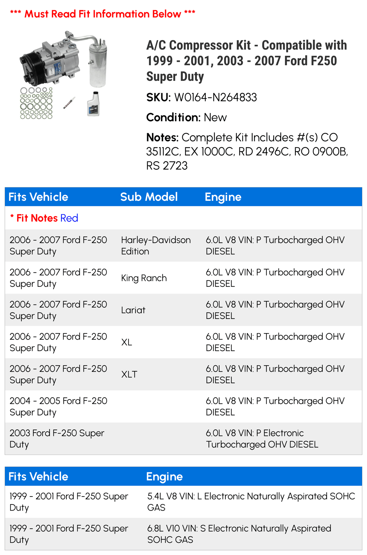 2005 2007 2004 - with - Compatible 2001, A/C Kit 2000 F250 1999 2003 Compressor Duty Super - 2006