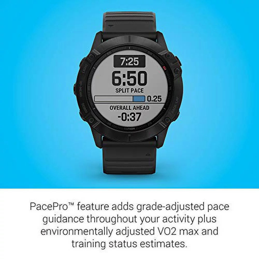 Features Fenix Multisport 6X GPS Garmin Watch, Grade-Adjusted and 010-02157-00 Pulse Pace Pro, Mapping, Sensors, Black Music, Ox Guidance Premium