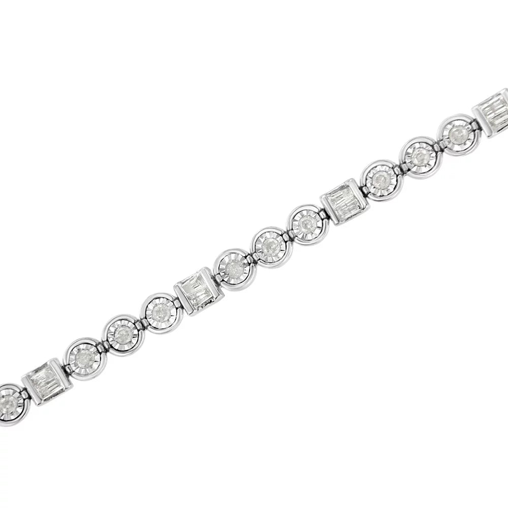 Set - Cttw I3 Color, 1.0 Alternating Round Diamond Miracle 7.25" and Set Link Silver Channel Baguette Clarity) Sterling (I-J wristband .925