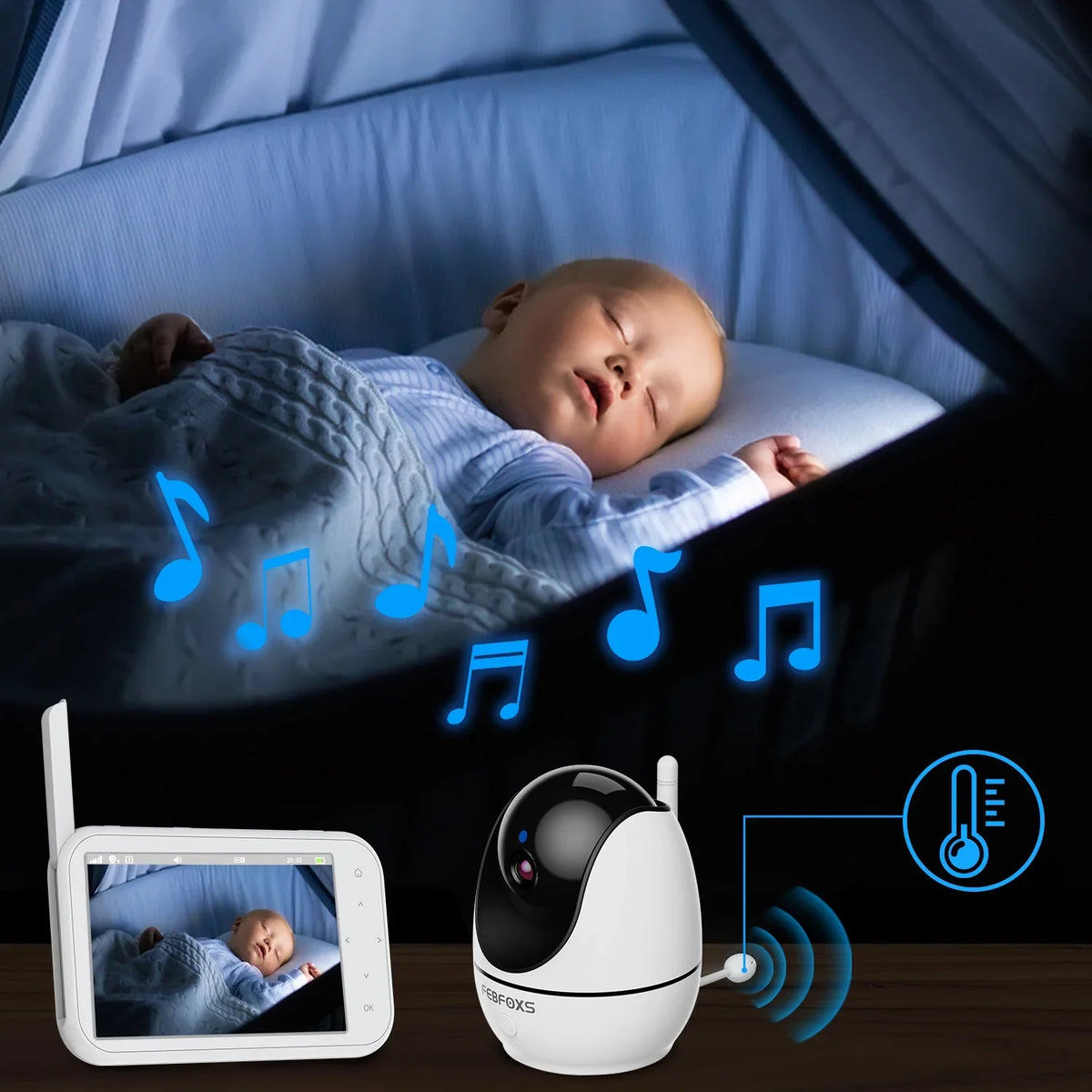No Auto & Vision,Tem-Sensor, Screen 1080P Audio, with Monitor Night Talk, Pan&Tilt&Zoom, Camera Two-Way 4.3" Baby LCD Febfoxs Wifi