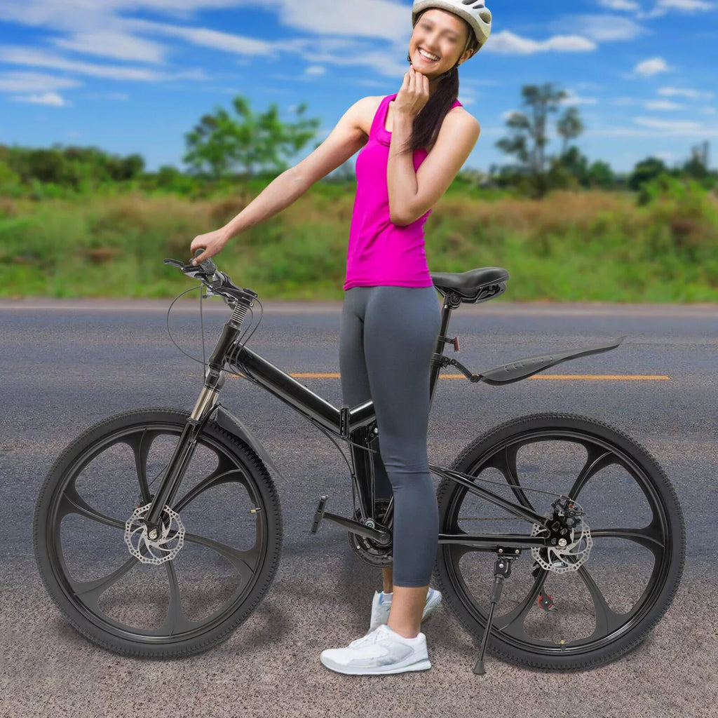 Folding Miumaeov 26" Max 150kg/330lbs Loading Carbon Camping Bike City Shifter Light Bicycle Black Bike 21-Speed Steel Weight Adult Folding