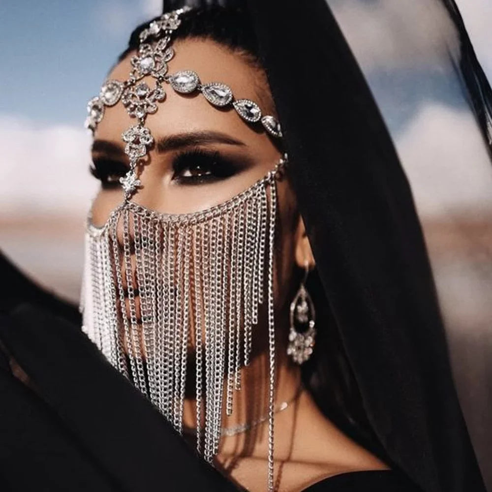 Mask Crystal Face Masquerade Face Tassel Mask Chain Jewelry for Party Rhinestone Hair Women Halloween