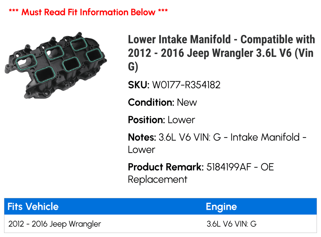 (Vin 2014 Intake Lower 2012 Wrangler G) - - with 2013 Jeep Compatible 2016 2015 Manifold 3.6L V6