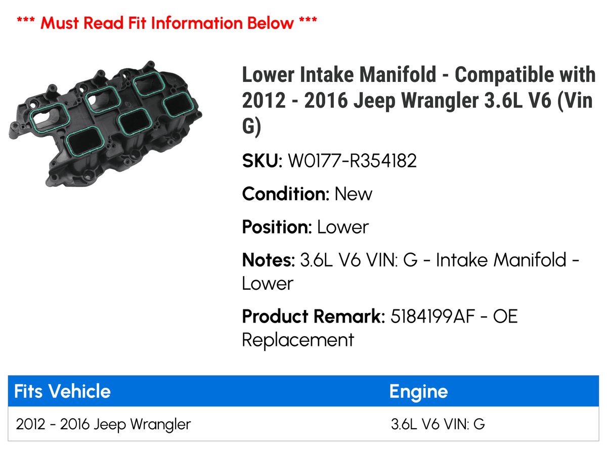 (Vin 2014 Intake Lower 2012 Wrangler G) - - with 2013 Jeep Compatible 2016 2015 Manifold 3.6L V6