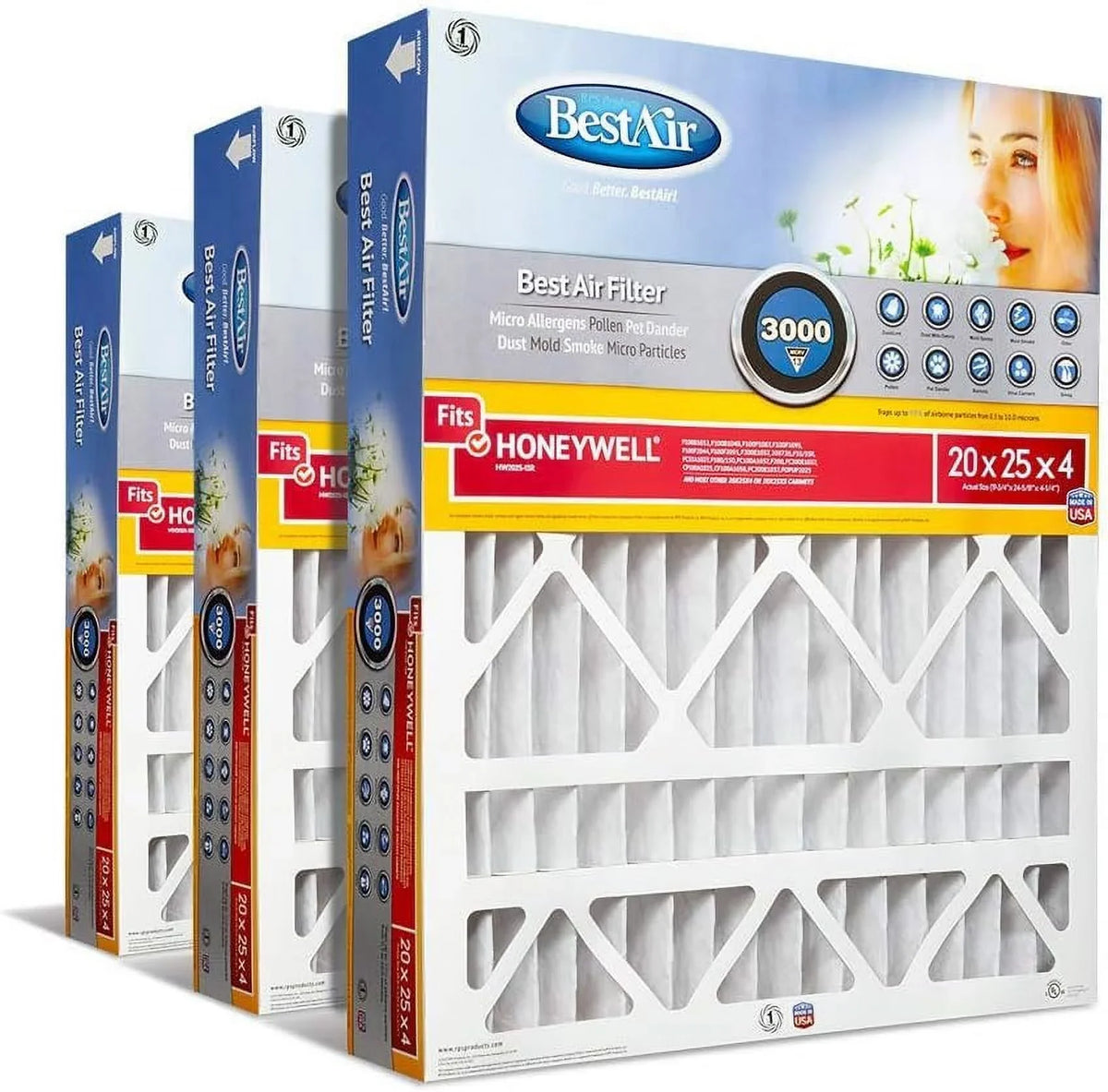 Air x x Models, of AC BestAir & For 3 13, 25" 4", Pack HW2025-13R 100%, Allergens Honeywell MERV Furnace Fits Filter, 20" Contaminants, Removes