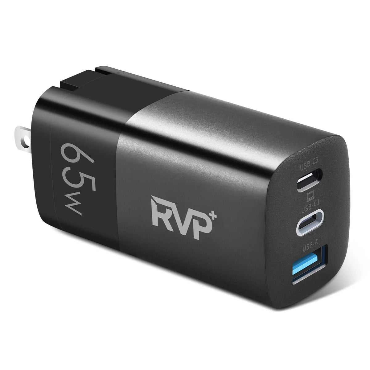 Tablets, 65W Adapter, Smartphones, Charger, iPhone, C Laptops Black A (GaN) RVP+ Fast Foldable Power and - 3-Port USB Tech USB Charger, for Wall Charger