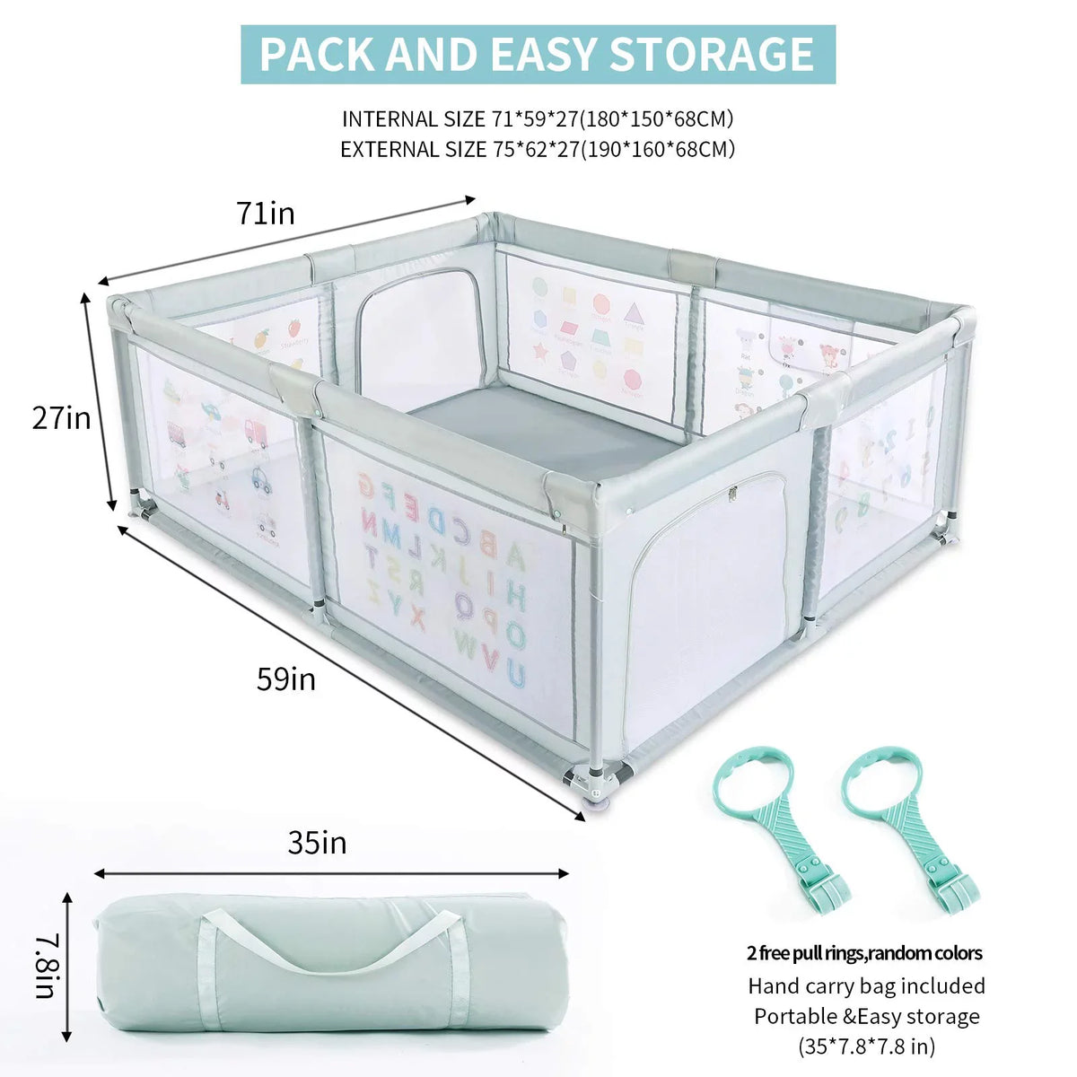 Pull with Two Playpen Nordmiex Baby Yard Rings, 59*70*27 Baby Safety for Play inch