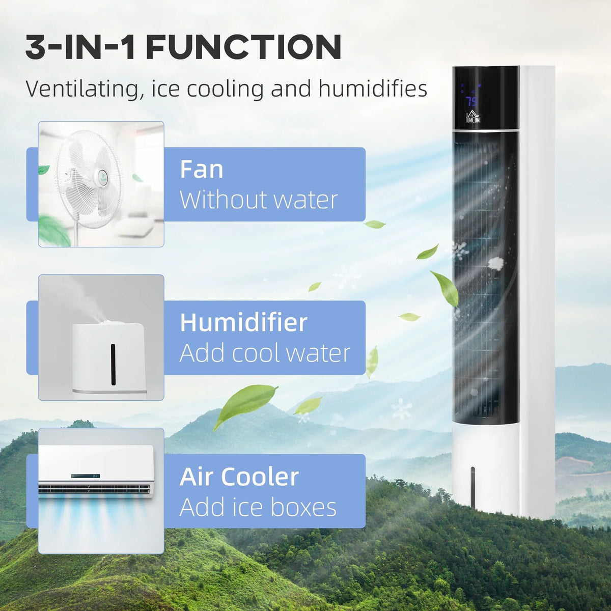 Speeds, 42" Humidifier 3 3-In-1 Air Modes, with HOMCOM Ice Control LED Cooling Fan Tower and Oscillating Timer, 3 Remote Evaporative Cooler Office Display with for Home