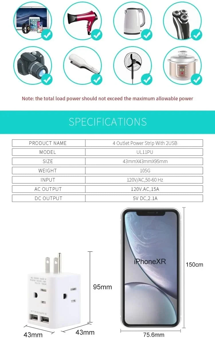 Travel,White Wall Charger Plug USB Right with Home and Extender Multi Spaced AC Office Cruise 3 Angle Plug Adapter 4 Splitter Sockets, Ship Cube Adapter 2 Wonplug USA Wide Prong for Outlet