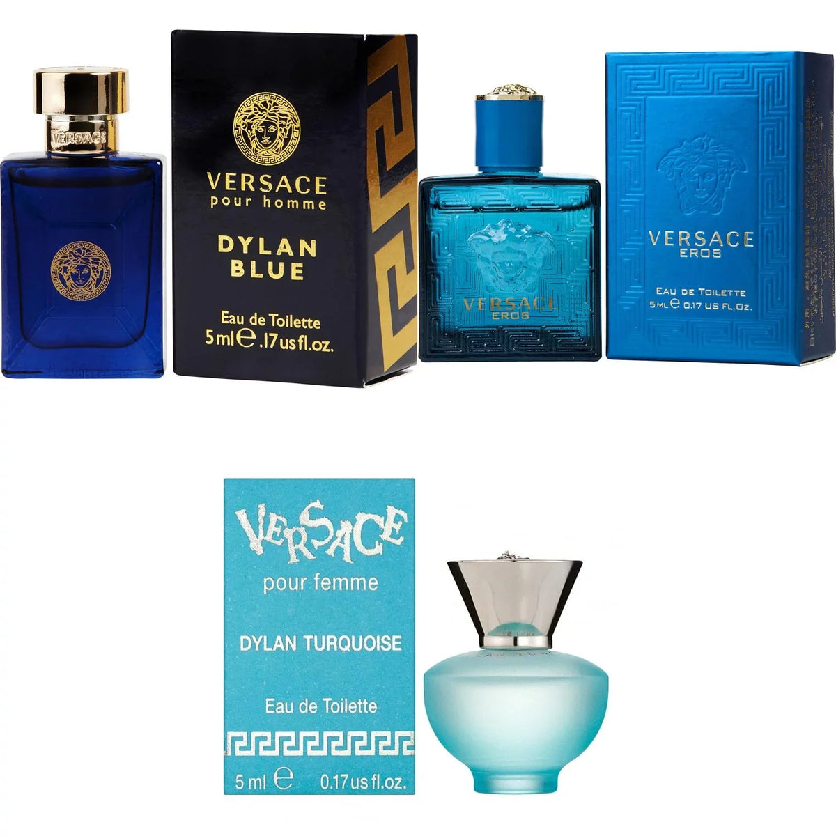3PK Men 5ml - Eros Kit Dylan Dylan EDT, Versace Femme Blue Turquoise EDT,