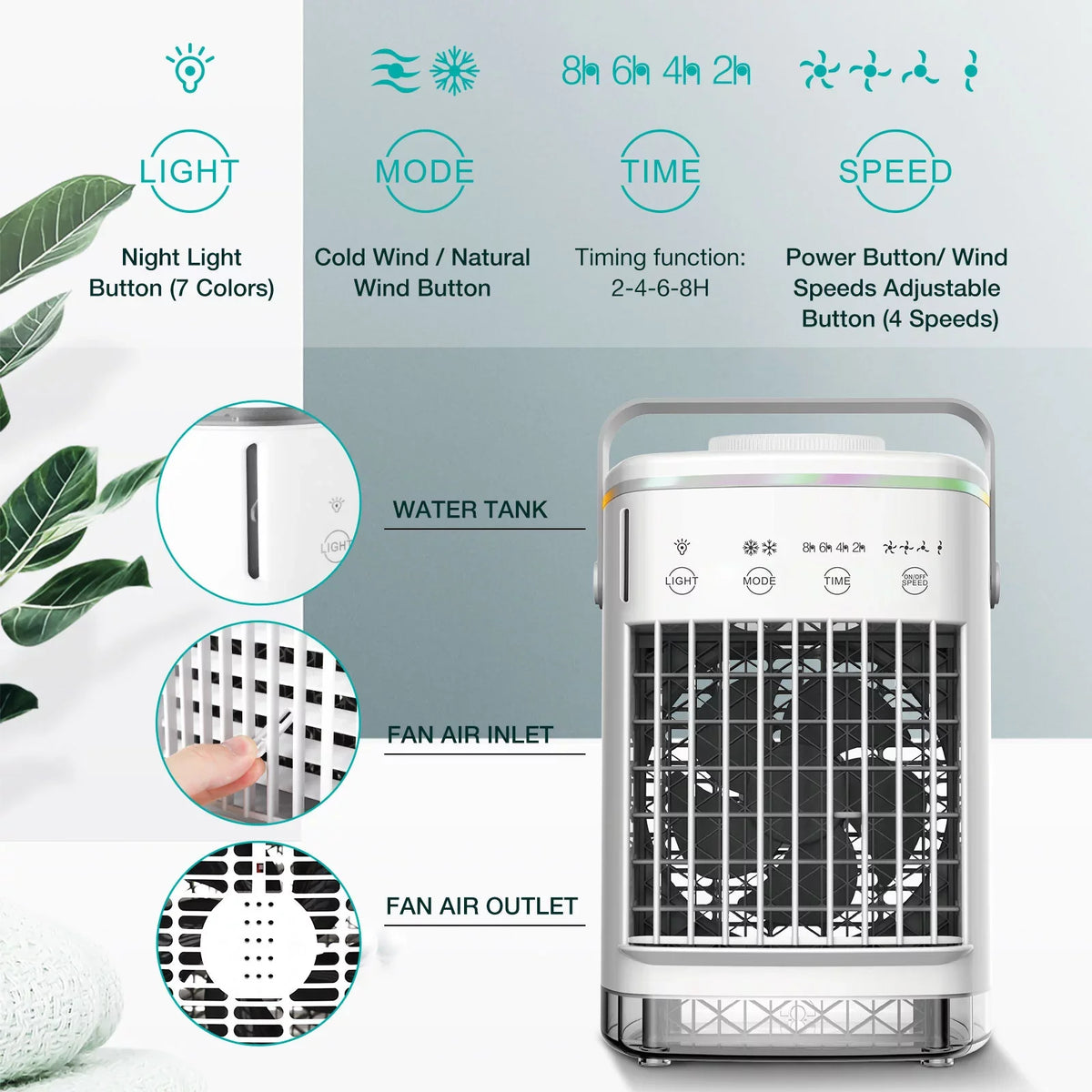 Desktop Air & Personal 7 Camping Cooler with Conditioner Fan Air Timer Air for Conditioners 2-8H Portable Fan Night Mini Home Light Desk 4-Speed Office Hiroke Spray