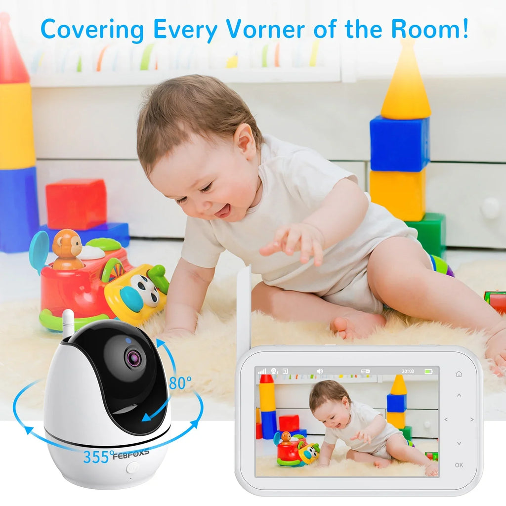 No Auto & Vision,Tem-Sensor, Screen 1080P Audio, with Monitor Night Talk, Pan&Tilt&Zoom, Camera Two-Way 4.3" Baby LCD Febfoxs Wifi