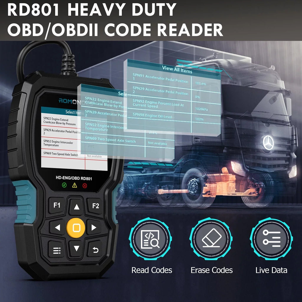 Scanner Tool Reader Romondes Truck Heavy Diagnostic OBD2 Scanner Duty Diesel RD801 Code Truck