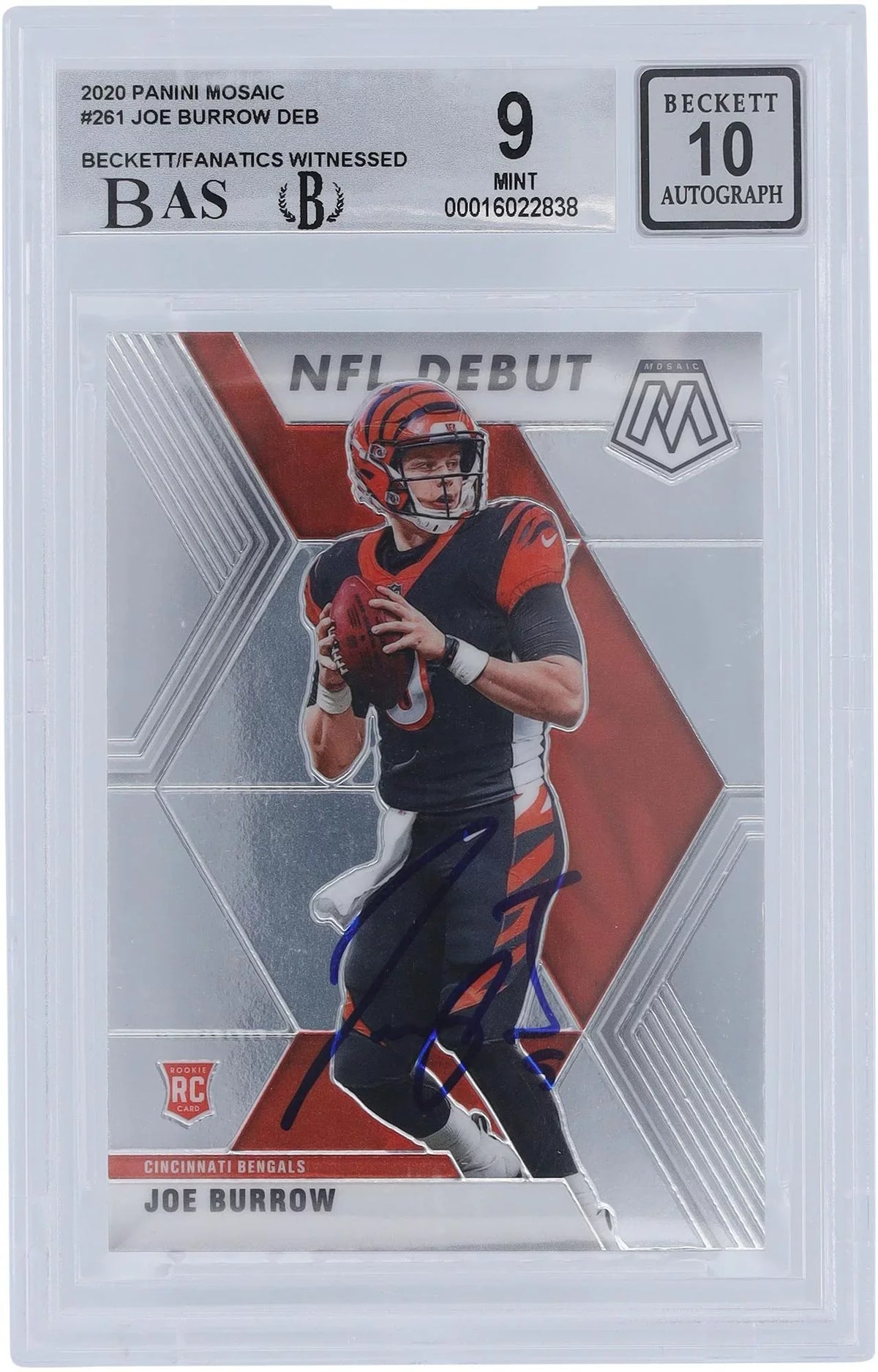 Panini Autographed 2020 Fanatics Fanatics Authenticated Rookie Joe Card Certified Witnessed Mosaic 8.5,9.5,9.5,9 Bengals Beckett - Subgrades Burrow #261 9/10 Cincinnati Authentic -