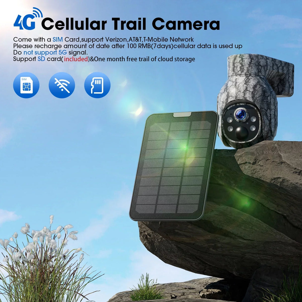 PIR Vision, 2K Night View, Cellular Game Waterproof, Card 90°Tilt, 360°Pan Camera with &SD Camera Security 4G Storage, Hunting with No LTE, Cloud Trail Solar SIM Motion, CAMPARK Cam WiFi Live Wireless