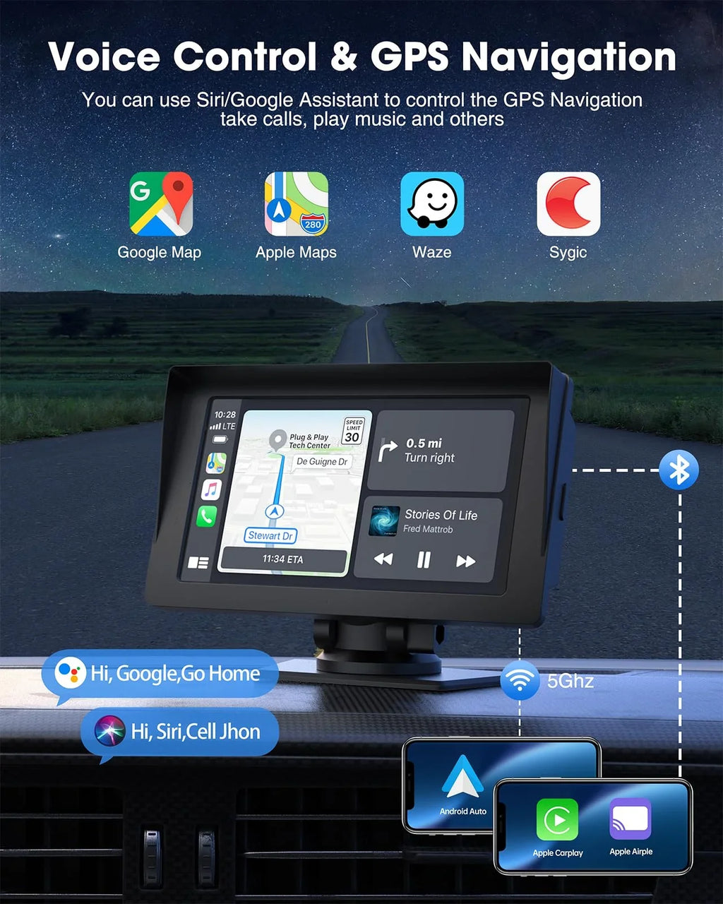 Auto,Bluetooth,FM, Touchscreen Car Camera,HD GPS Video,Car Navigation Reverse Stereo Wireless Portable Car LAMTTO Inch Audio Carplay,1080P with Receivers Siri with 7 Portable Airplay,Android