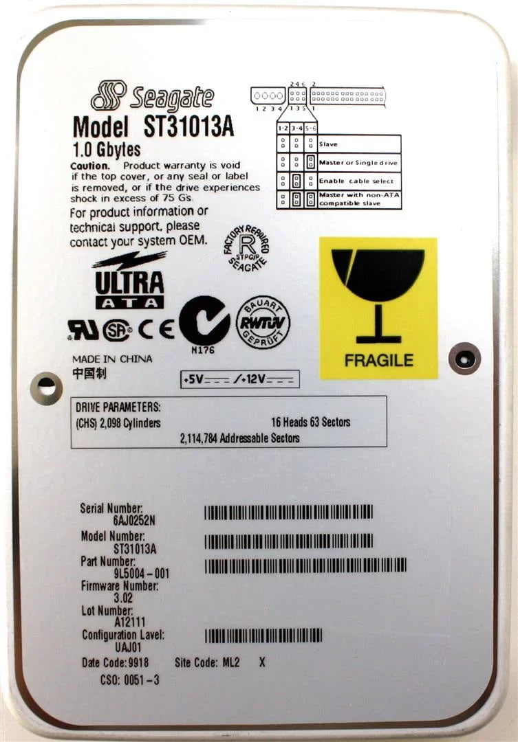 A12111,UAJ01, 9L5004-001,FW IDE, 1GB DCODE 9918,SC00051-3 3.02,LOT