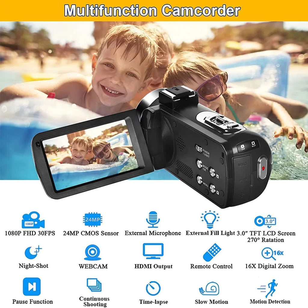 Night Recorder Camcorders 24.0 Control Zoom Screen Camcorder Inch Full Vision Camera 1080P with Remote 30FPS 3.0 IR 2 Camera 16X MP IPS Camera Video Batteries Vlogging HD