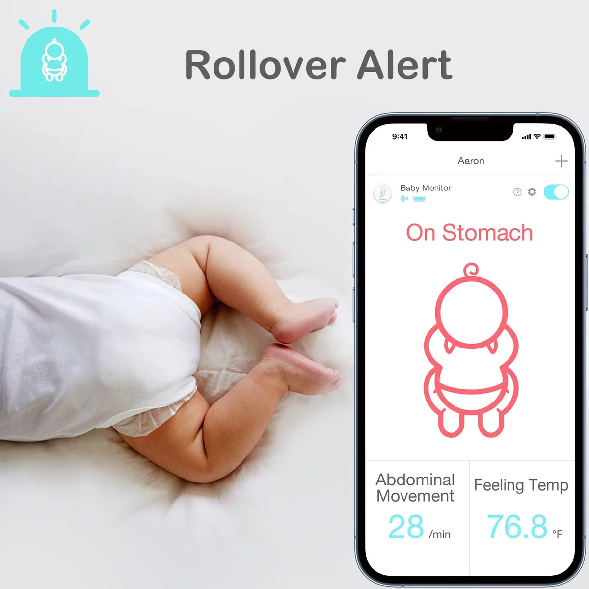 and Smart with Alerts Baby Pink Instant Abdominal Tracks Temperature, Position on Safety Baby's Smartphones, Movement, Movement Audio Rollover - Sleeping Baby Monitor for Sense-U Abdominal