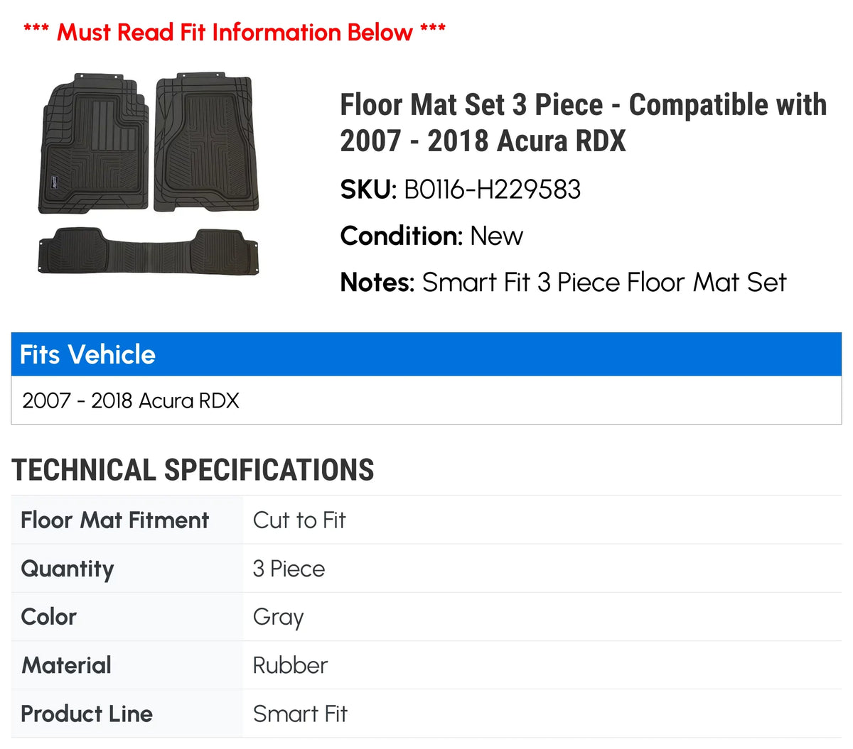 2013 2016 with 2015 Set Compatible 2014 Floor 2011 2017 Acura 2008 Piece 3 2007 Mat 2010 2009 - RDX - 2018 2012