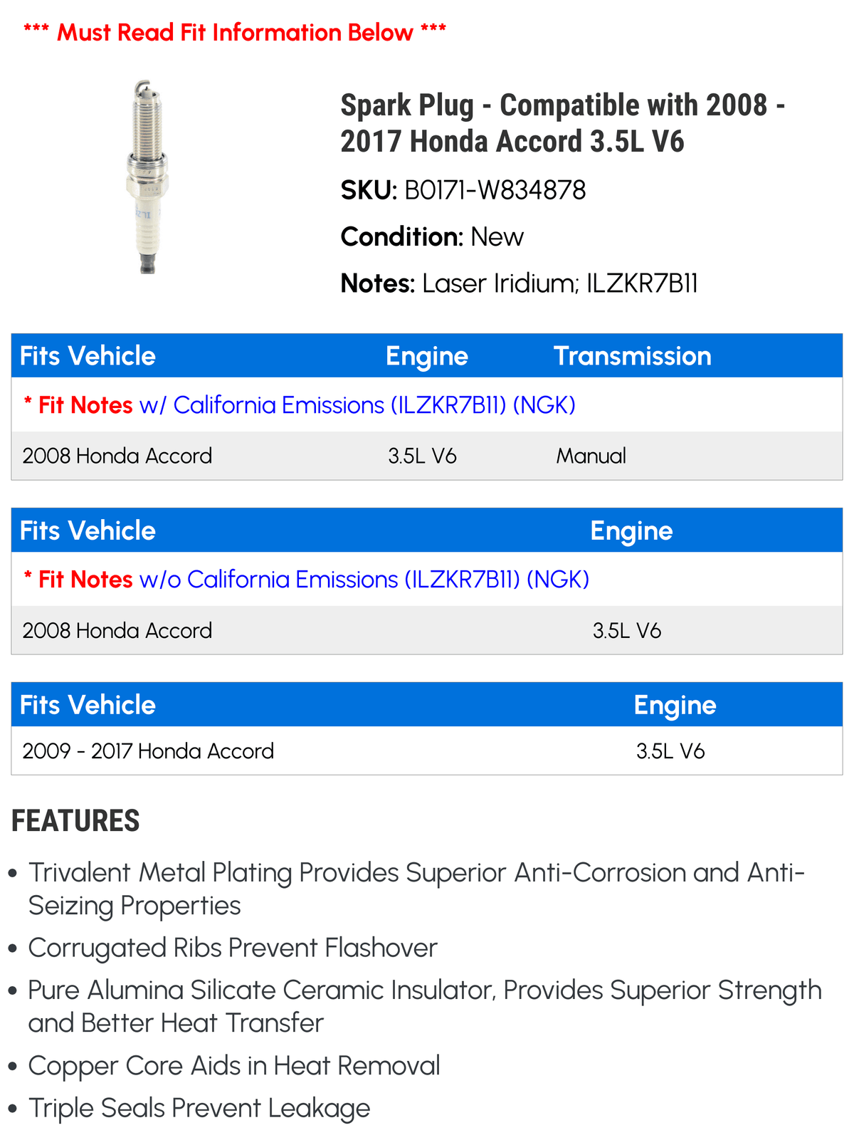 Spark 2014 - 2009 with V6 2012 2016 3.5L 2011 - Plug 2010 Compatible Honda 2013 2008 2015 Accord 2017