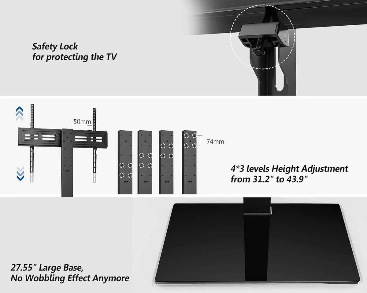 TV 143 TV Mount Screen Height Holds Adjustable Flat Tempered Swivel 85 for Swivel Universal up TV Glass HBBOOMLIFE 50 Stand to Tabletop with Stand/Base to 100 Level lb Degree Base inch 4