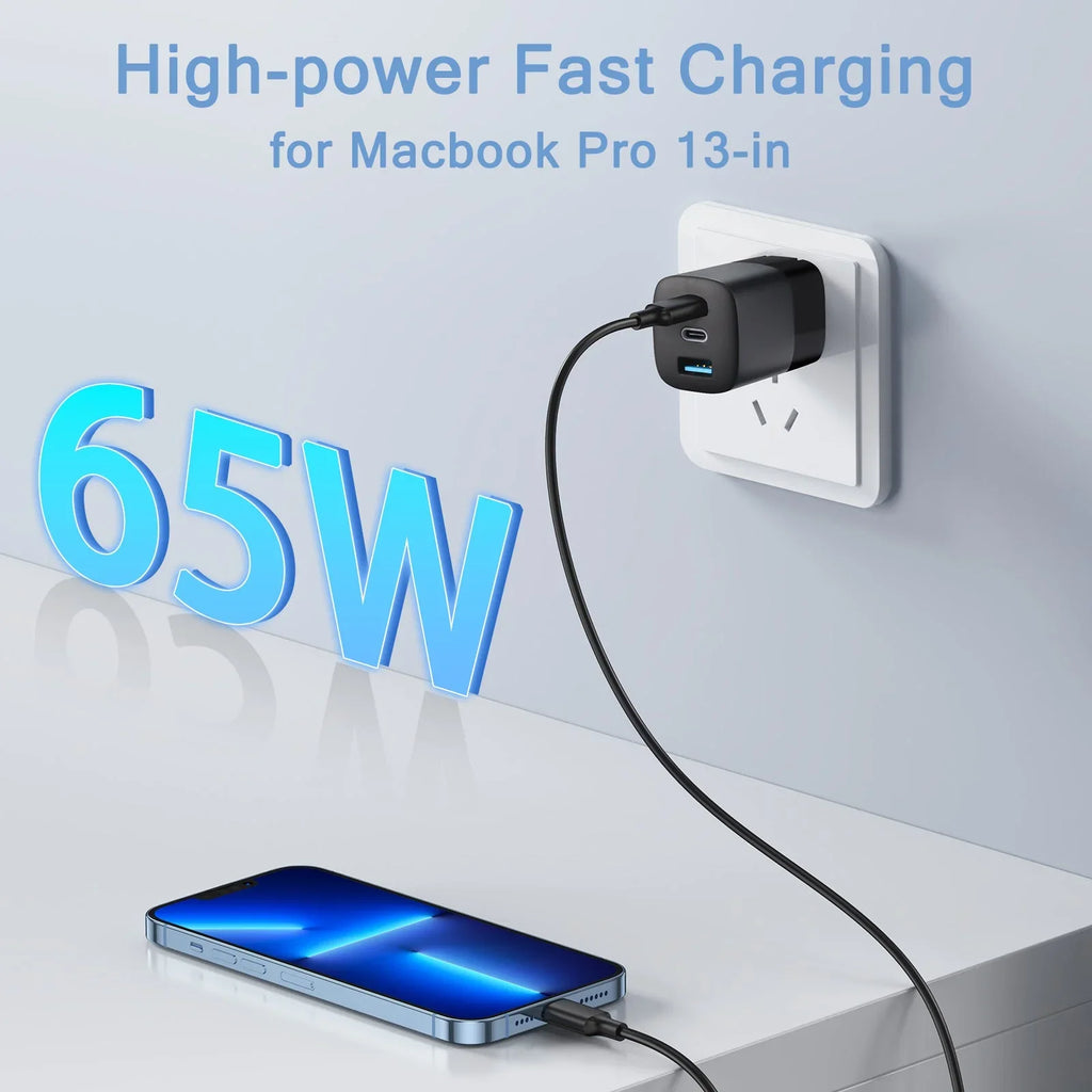 Tablets, 65W Adapter, Smartphones, Charger, iPhone, C Laptops Black A (GaN) RVP+ Fast Foldable Power and - 3-Port USB Tech USB Charger, for Wall Charger