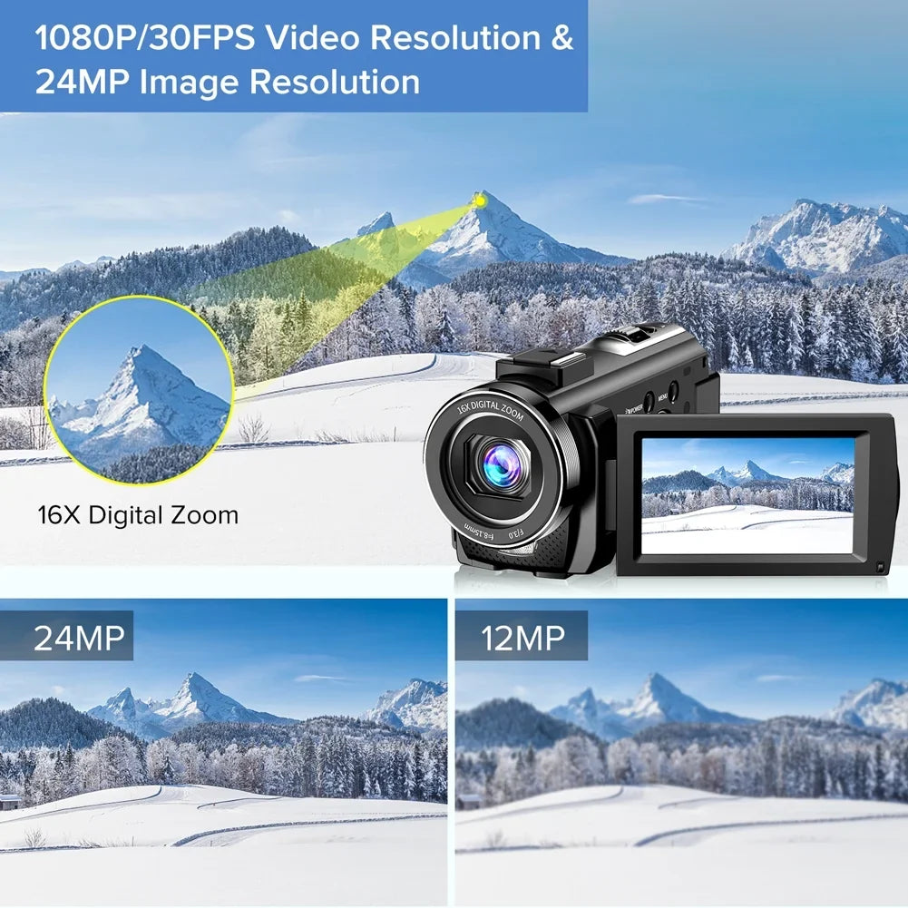 Recorder 16X Rotatable Digital Camera Degrees Digital YouTube Microphone,Remote Camera Zoom Video Batteries 1080P FHD 3" Vlogging 30FPS Camera LCD 24MP 270 Control,2 with Camcorder Screen