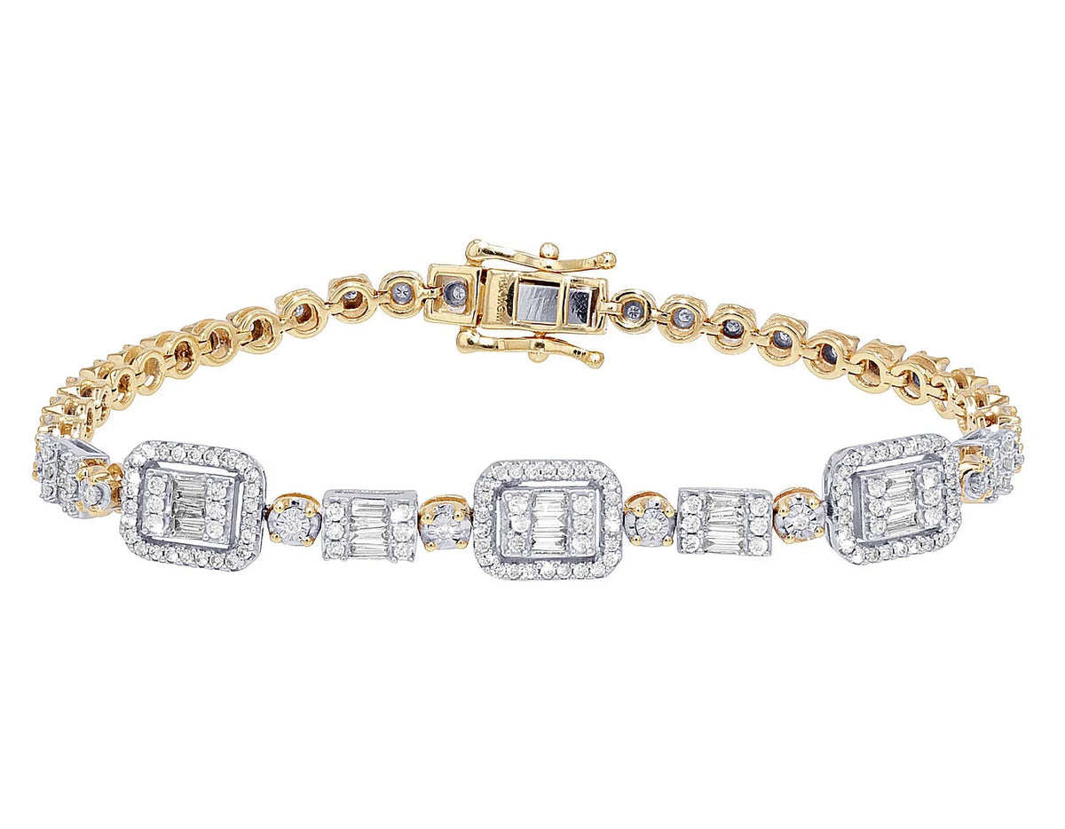 3MM CT Illusion Yellow-White Cluster Halo Set Diamond Toni Gold n Baguette wristband 7" 1.30