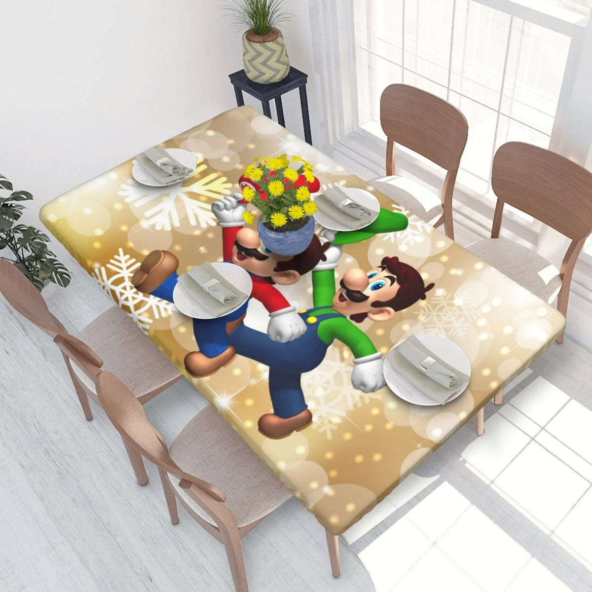 2.5X4ft For Fitted Dining Rectangle Mansion Elastic Mario Table Kitchen Cover Luigi's Tablecloth Party Reusable Bros Edged