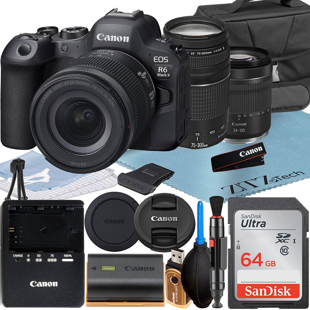 64GB Card LED RF Accessory + Mark with + + 75-300mm R6 EOS 24-105mm EF Memory II Camera Bundle + ZeeTech Canon Mirrorless SanDisk + Lens Flash Case