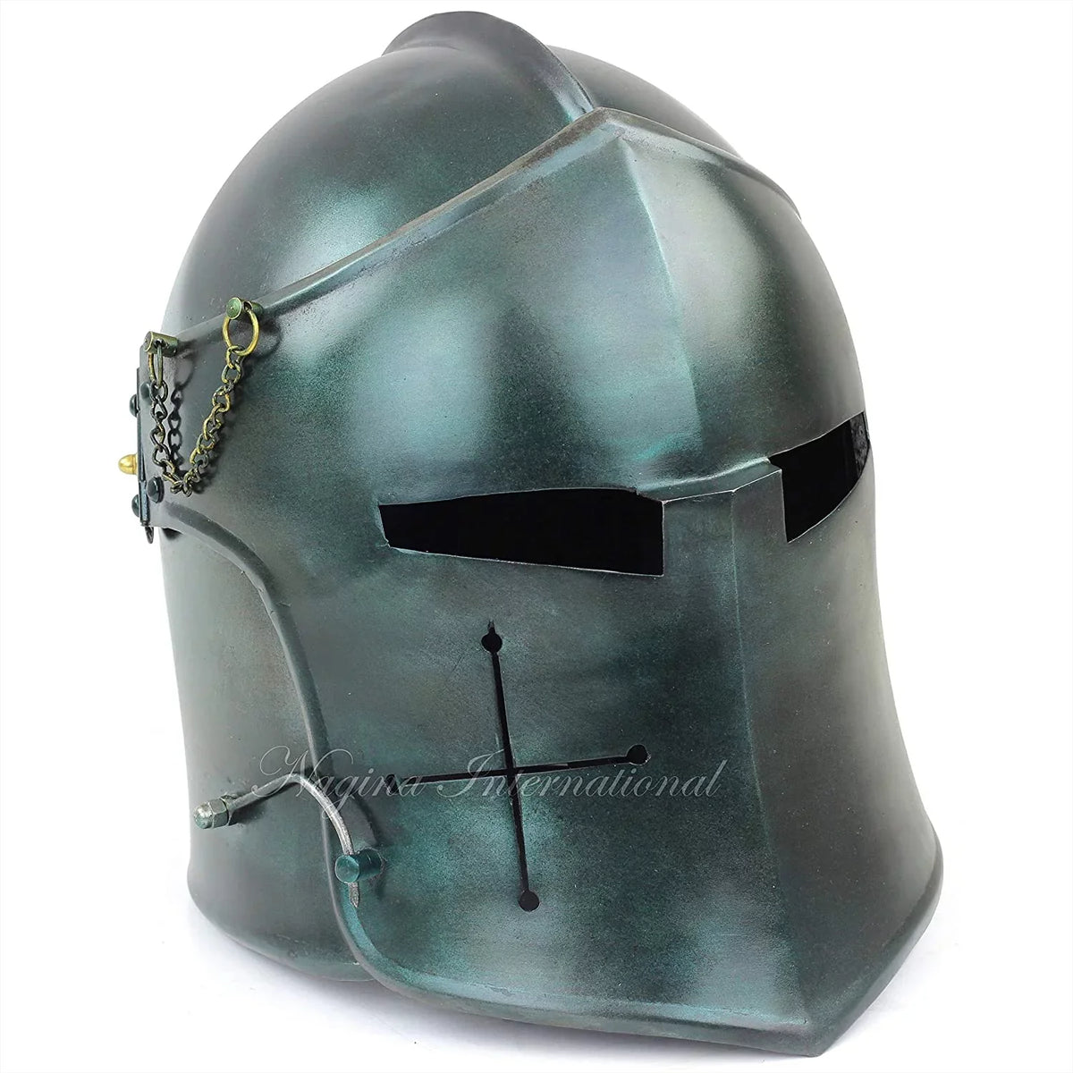 Templar & Barbuta Steel Crusader's Visored Larpers Brushed Armory for Medieval Props Helmet Knights Green) Nagina (Army | International Costumes Helm