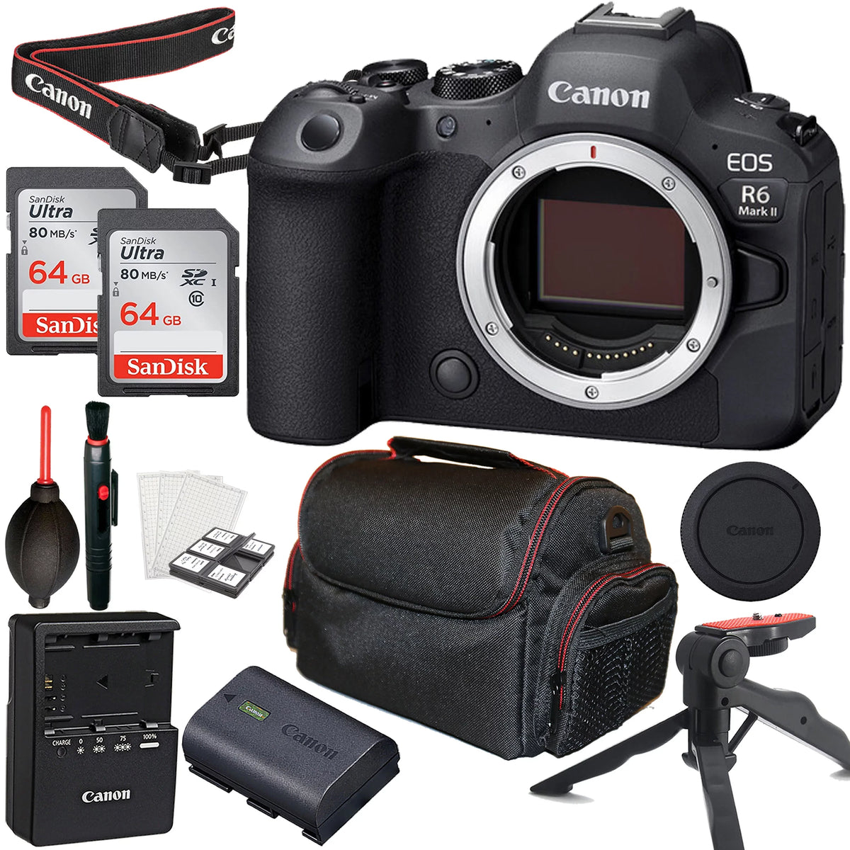 2pc Mark (Body Cards & Tripod + Mirrorless EOS Only) Canon Memory + 64GB More II Camera R6 Case +