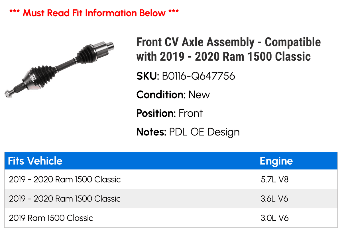 Compatible Classic - Assembly 2020 CV 2019 Ram with - Axle Front 1500