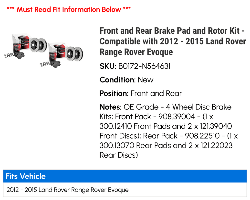 Pad Front Kit - Evoque Land Rover Range Brake 2012 and - Rotor and Rear Compatible 2014 with Rover 2015 2013