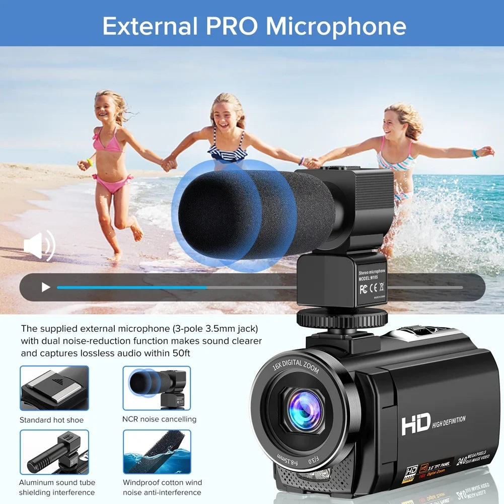 Recorder 16X Rotatable Digital Camera Degrees Digital YouTube Microphone,Remote Camera Zoom Video Batteries 1080P FHD 3" Vlogging 30FPS Camera LCD 24MP 270 Control,2 with Camcorder Screen