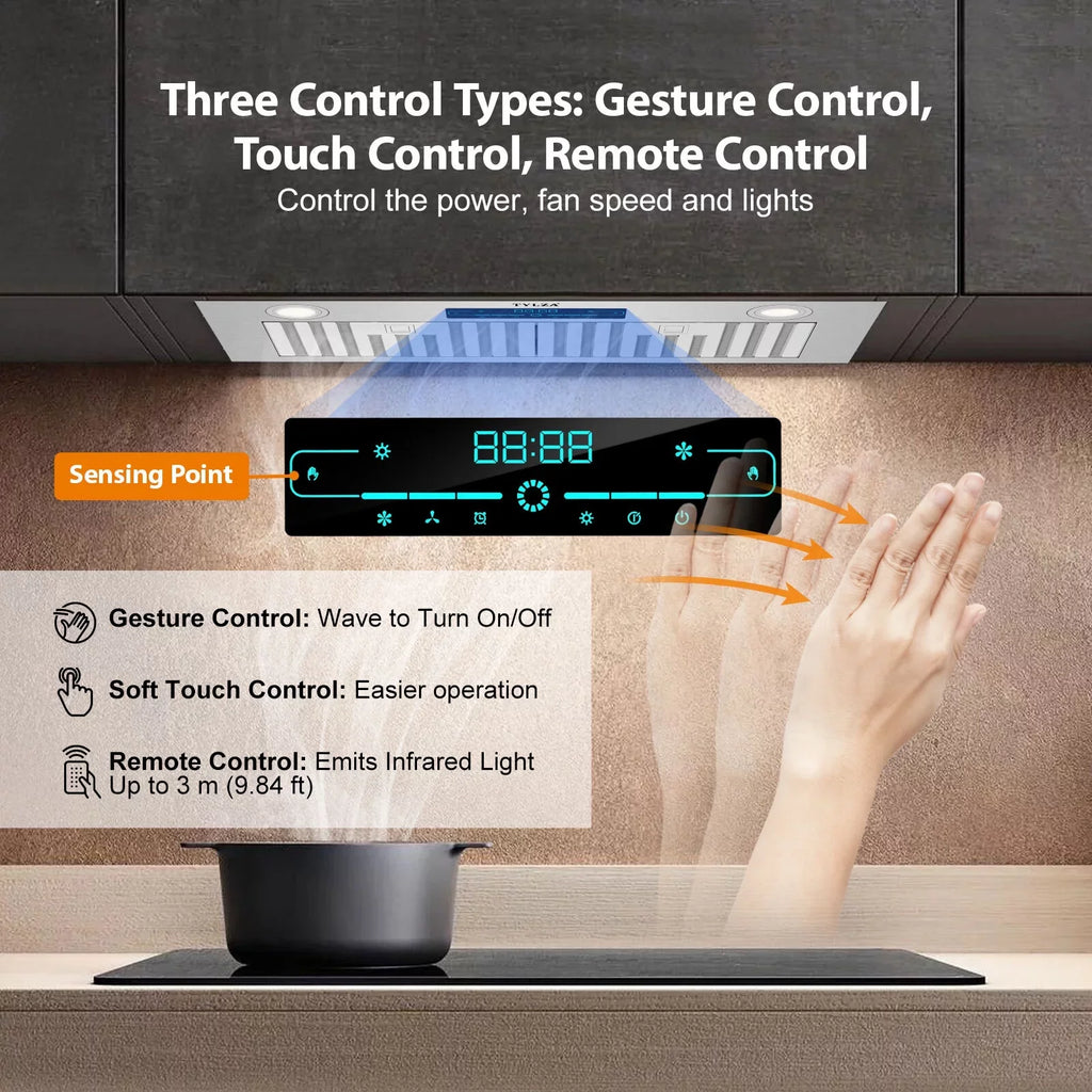 with Gesture Range Sensing&Touch Hood 900 CFM, Stove Kitchen Cabinet Vent Speed Panel Under Hood, 4 Control 30"