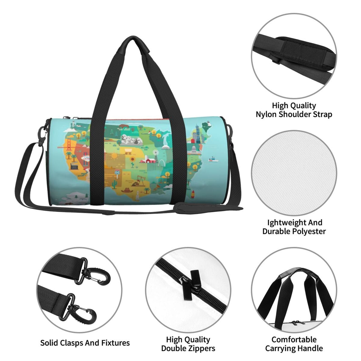 Travel Map USA Coaee Tourist Sports Luggage Pocket Compartment Bag Capacity Bag Bag with Large Gym and Waterproof Cylinder
