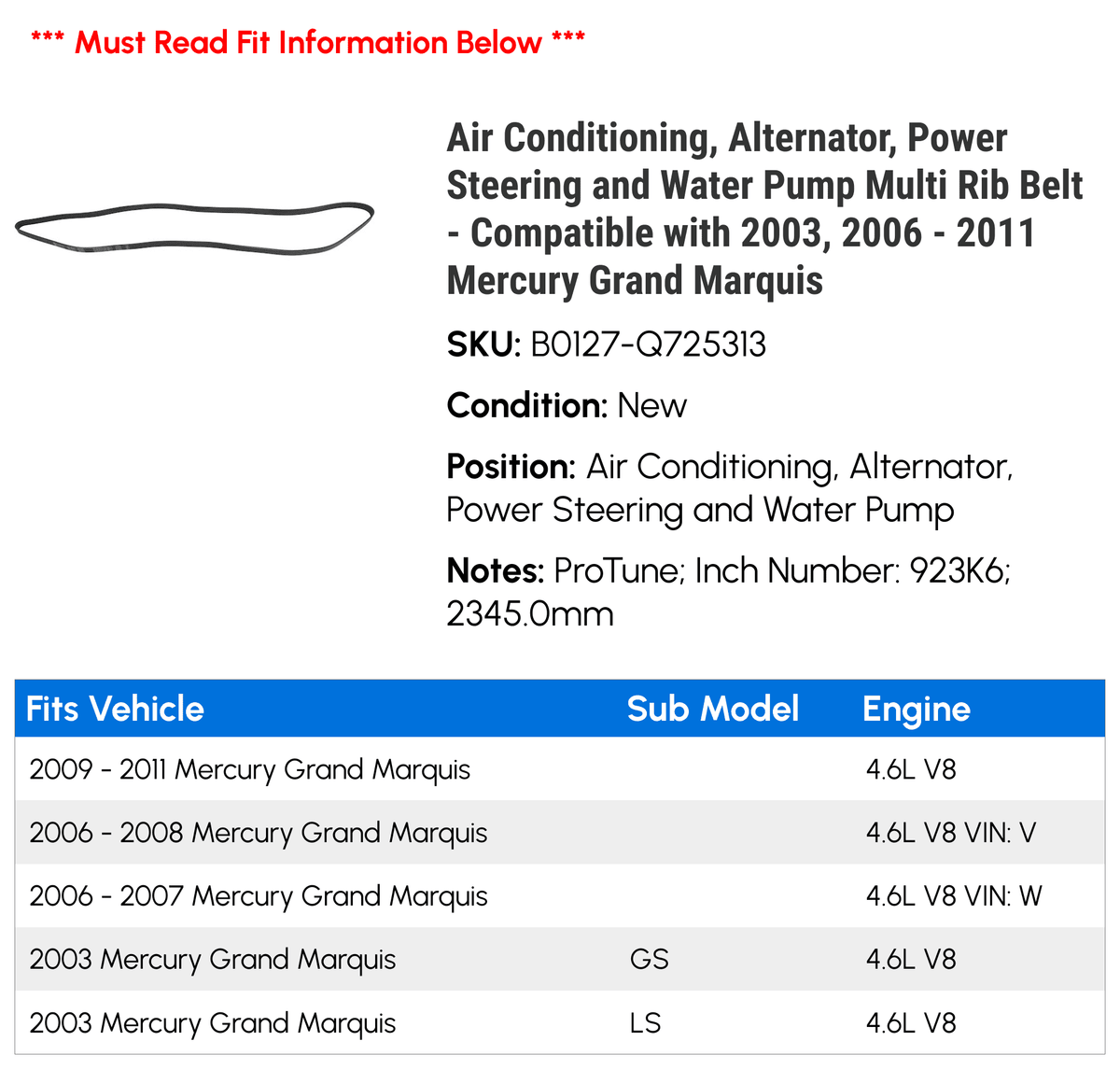Water 2009 with Rib Compatible Pump and - 2006 - Steering Air Power 2011 2007 Grand Marquis 2010 Alternator, 2003, Conditioning, Multi Belt Mercury 2008