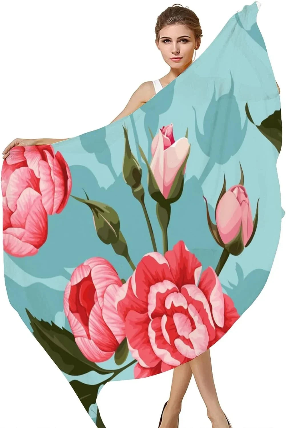 Girls for Wrap Neck Women Shawl Long Silk Roses Hyjoy Scarves Peony Scarf Lightweight And