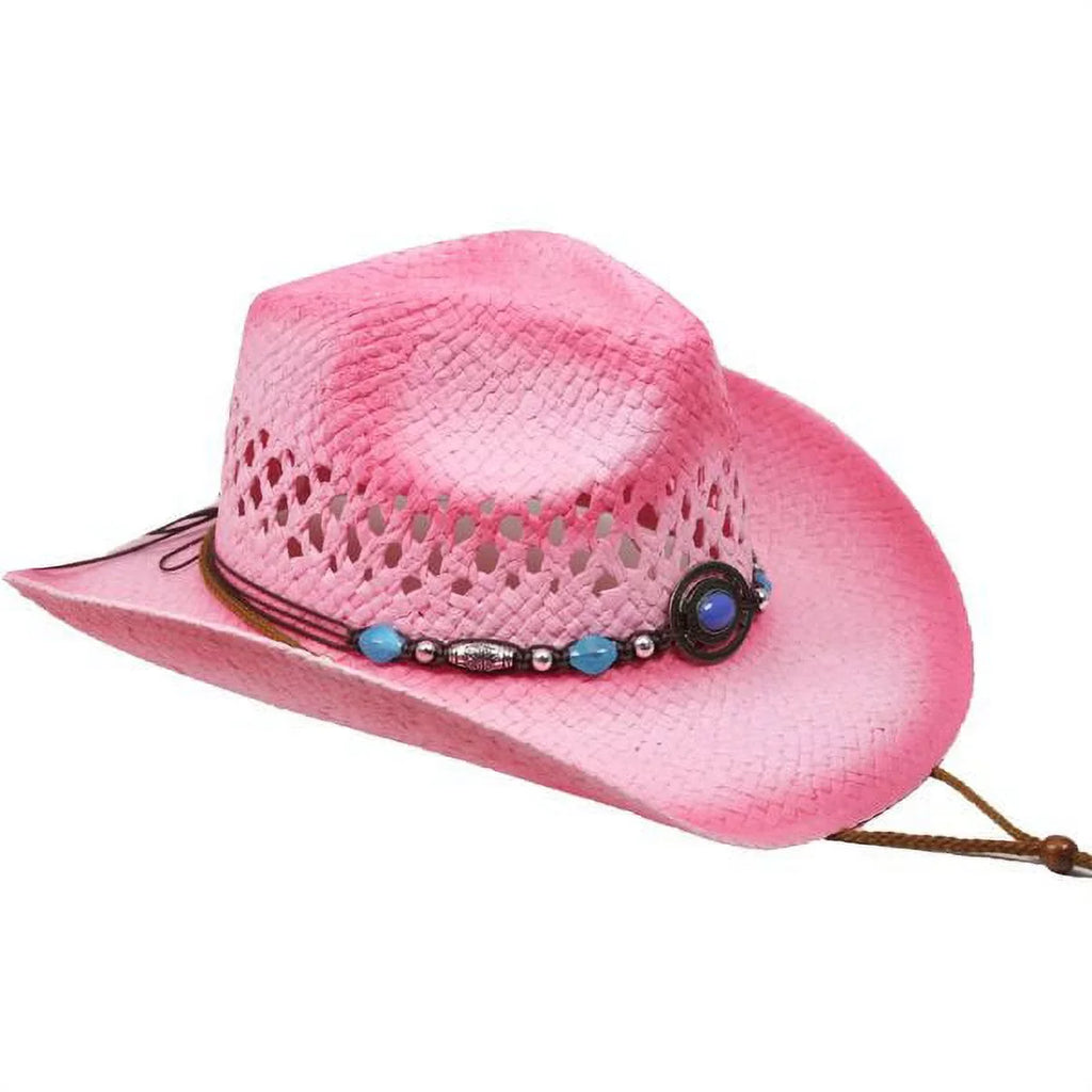 size COWBOY WOMEN WESTERN Cowgirl Turquoise Adult w/ PINK Straw Stain Blue Tea HAT Beads