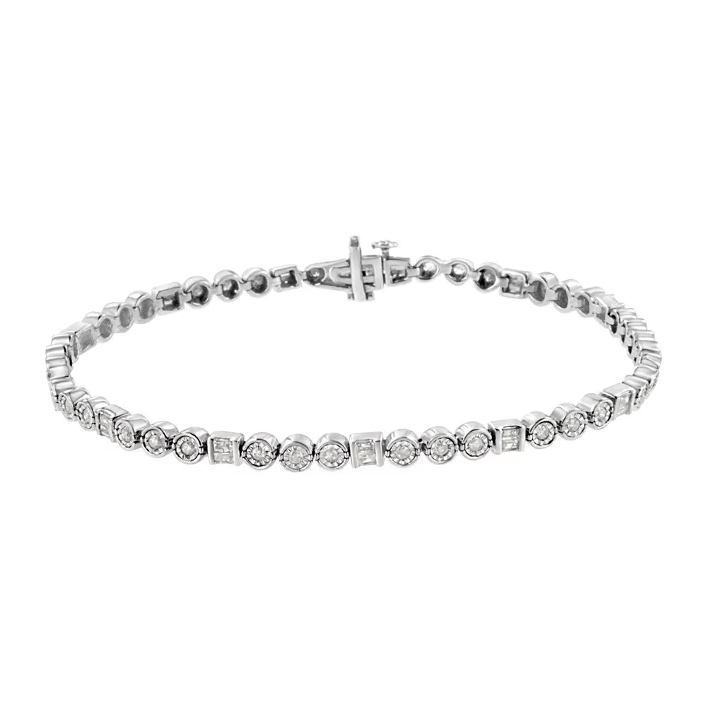 Set - Cttw I3 Color, 1.0 Alternating Round Diamond Miracle 7.25" and Set Link Silver Channel Baguette Clarity) Sterling (I-J wristband .925